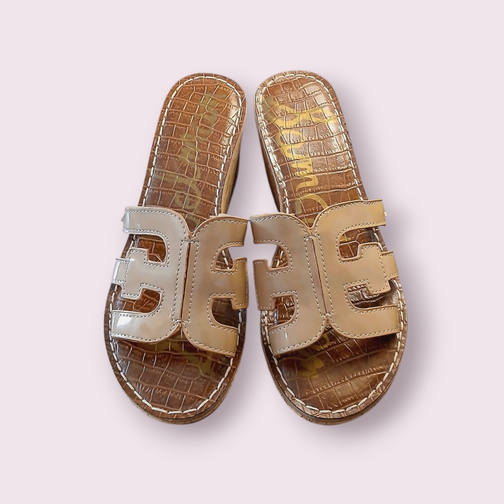 Sam Edelman Cork Wedge Sandals Size 7 - Glossy Beige - Picture 2 of 3